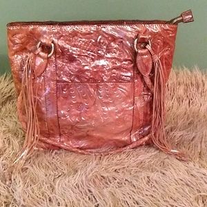 Patricia Nash Distressed Leather Tote w/Gold Finish & Fringe EUC